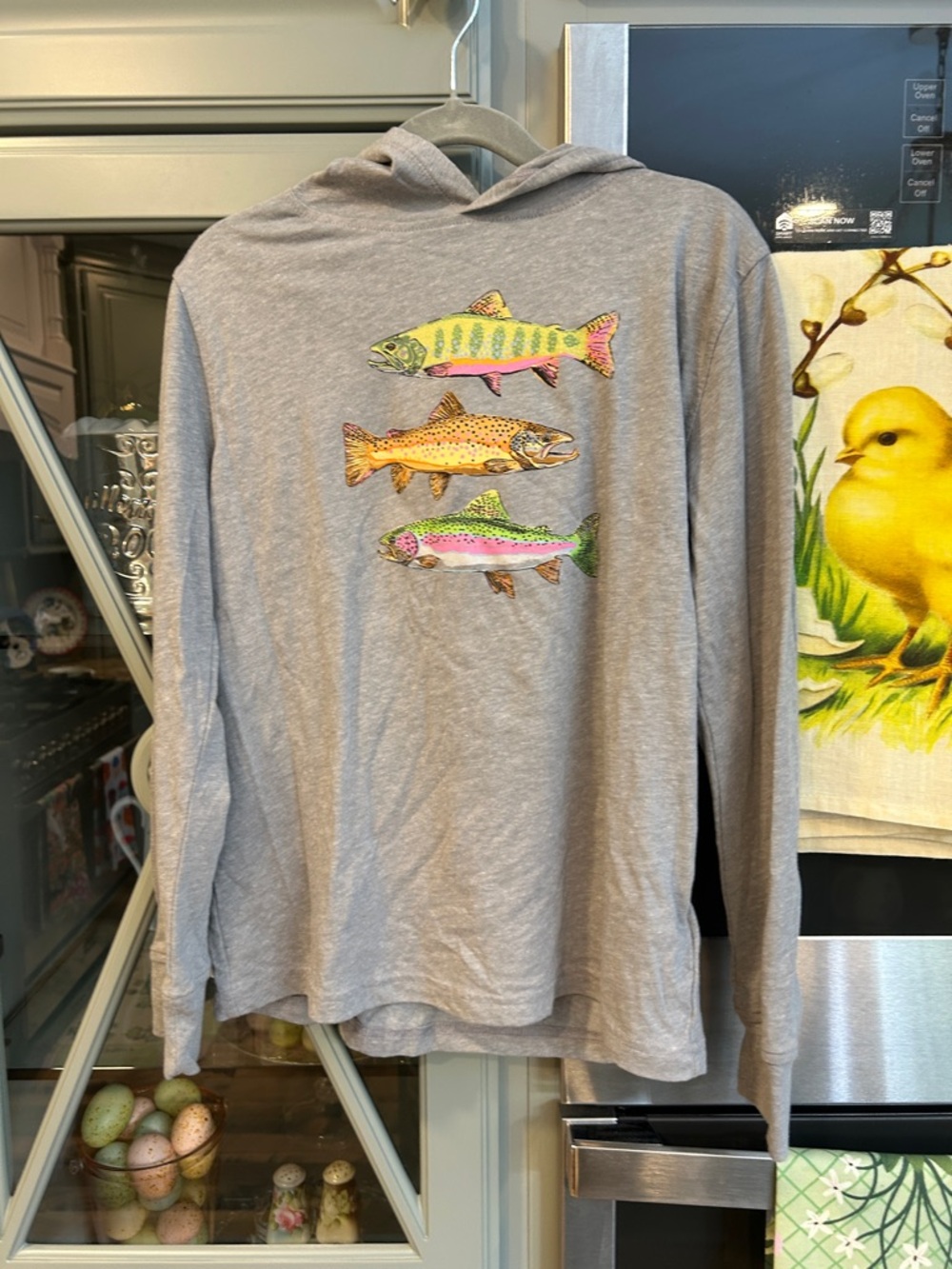 J. Crew Factory Gray Hoodie with Colorful Fish Trio Preppy
